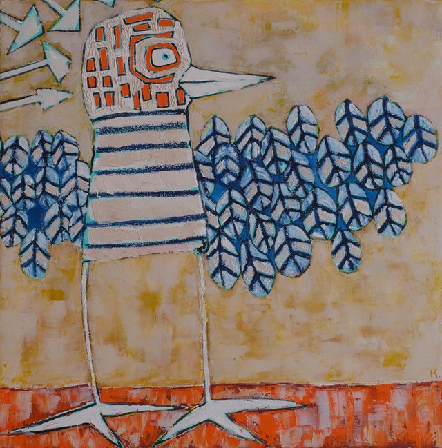 Highly stylized bird standing with it's wings held out.