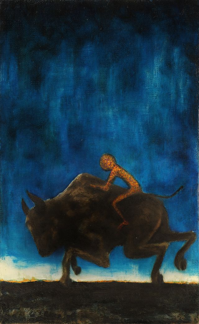 Rides safely into the night on a bison.