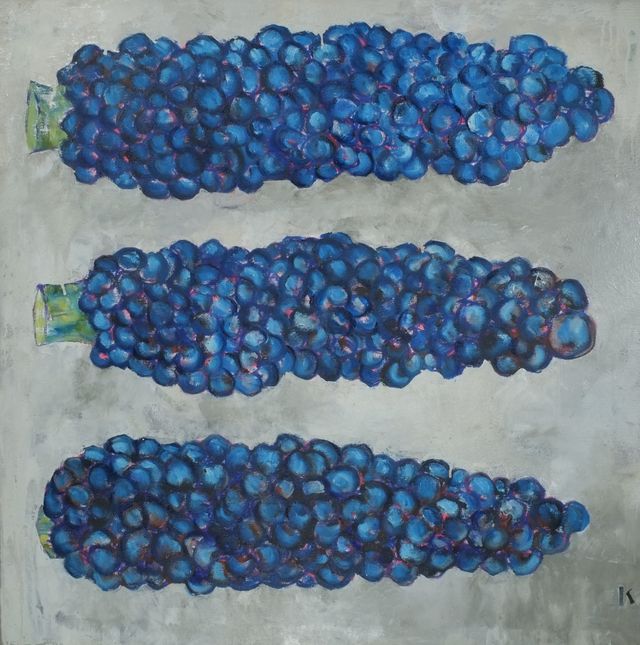 A large painting of three blue corn evenly spaced vertically in the painting with a grey background.