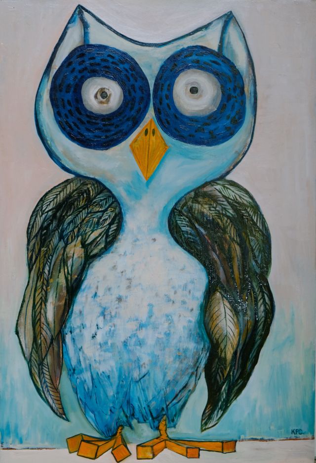 A dapper owl standing tall staring stright at you.  Painted in a by kyle in a highly stylized manner he is known for.