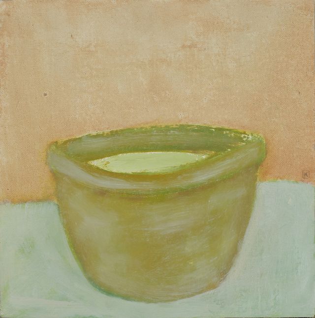 An image of the painting in question: A realistic painting of a depression era green mixing bowl without a handle. The background is peach and the foreground is light blue/green.