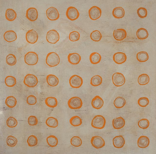 The Painting: A field of orange circles on a tan background.