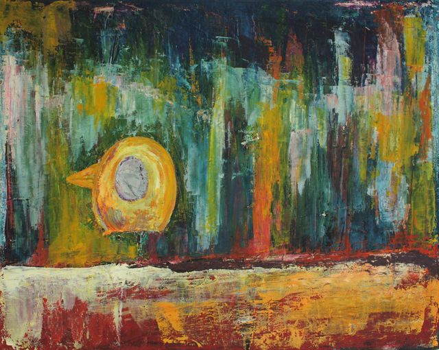 The Painting: An imaginery bird with a wild streeky every colored background.