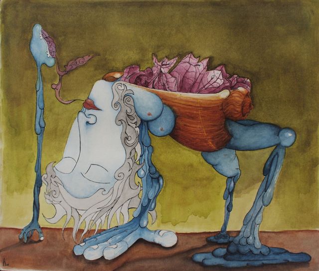 Watercolor painting of a woman emerging from a sea shell in a drippy surrealist way.