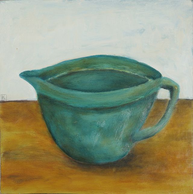 An image of the painting in question: A realistic painting of a depression era green mixing bowl with a handle. The background is white and the foreground is yellow.