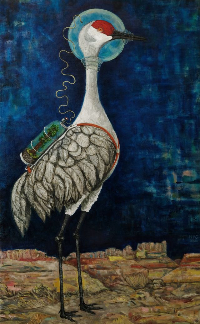 A painting of a futurisic sandhill crane with space suit type breathing apparatus featuring a giant sequoia in a bottle as oxygen producer standing in a made up desert scene of mesas.