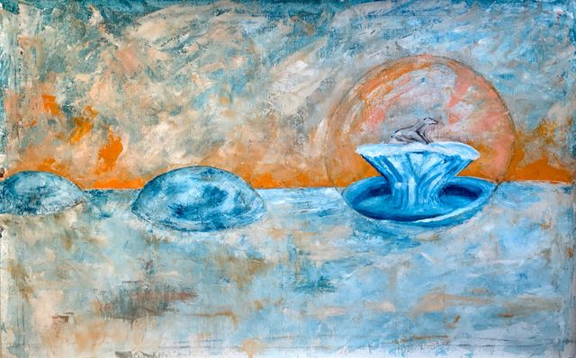 First layer of a painting of a polar bear in a glass bubble floating on the ocean trailing glass bubbles filled with ice behind them.