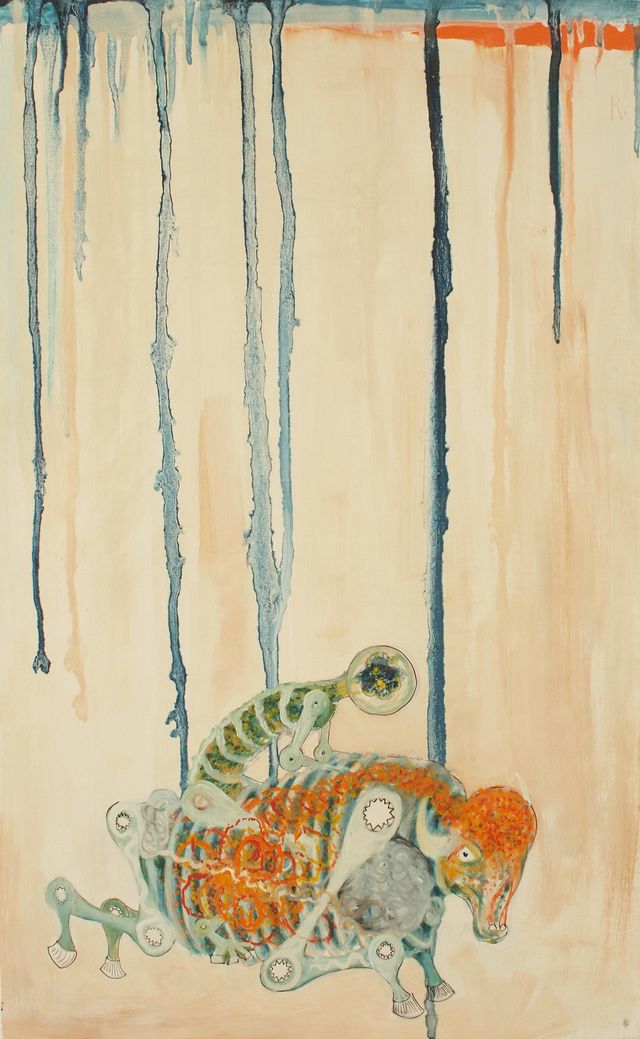 An image of the painting in question: A mechanical type bison with a drippy imagined background